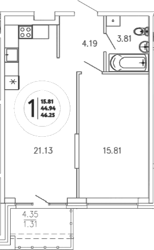 1-комн., 44.94 м²