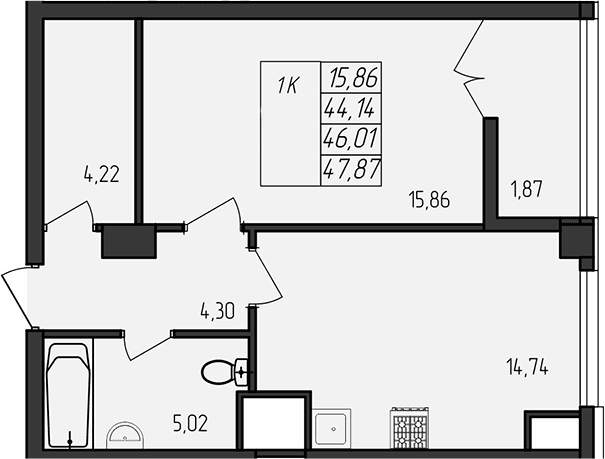 1-комн., 44.14 м²
