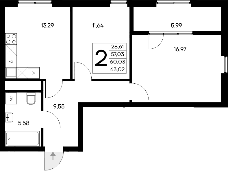 2-комн., 57.03 м²