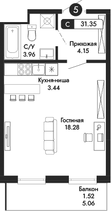 Студия, 29.83 м²