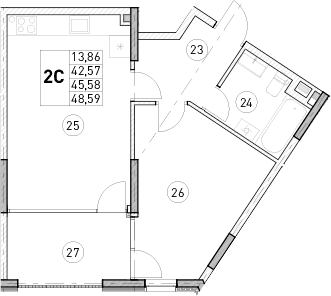 1-комн., 42.57 м²