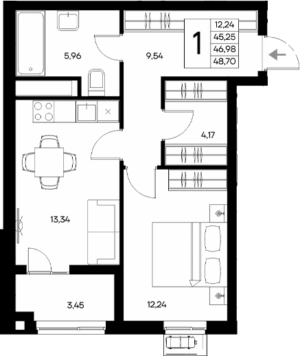 1-комн., 45.25 м²