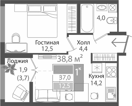 2-комн., 35.1 м²