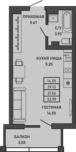 Студия, 30.04 м²
