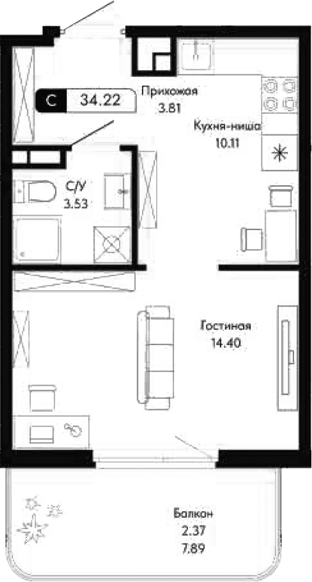 Студия, 31.85 м²