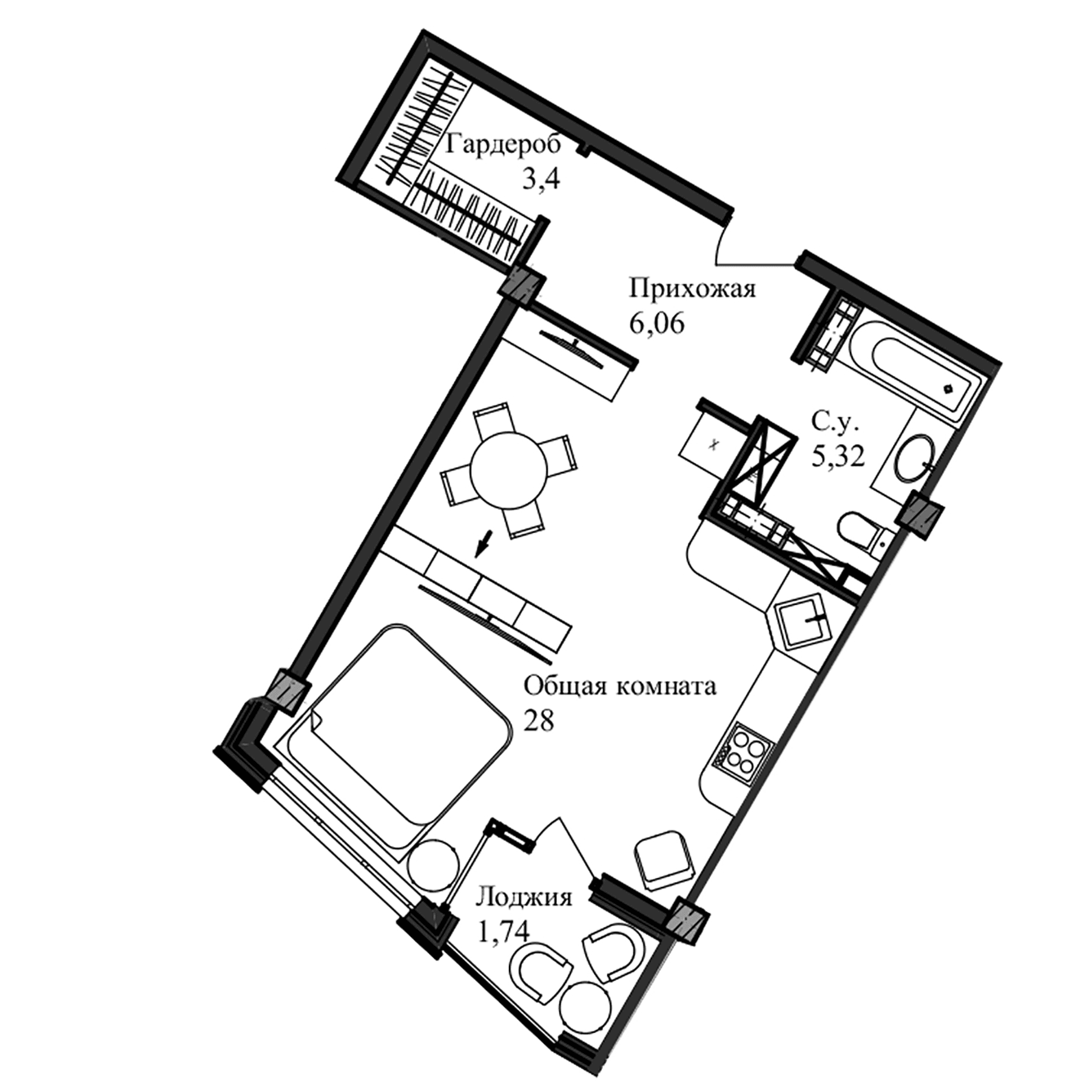 Студия, 44.76 м²