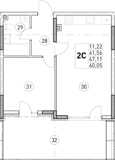 1-комн., 41.56 м²