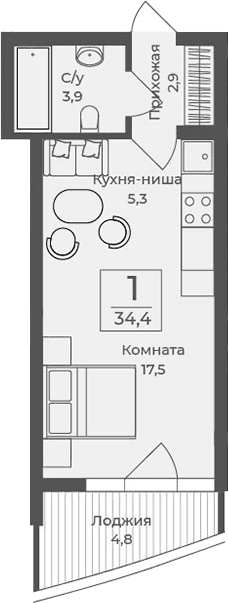 Студия, 29.6 м²