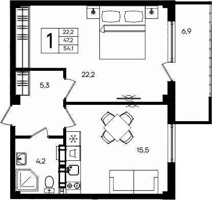 1-комн., 47.2 м²