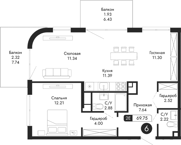 2-комн., 65.5 м²