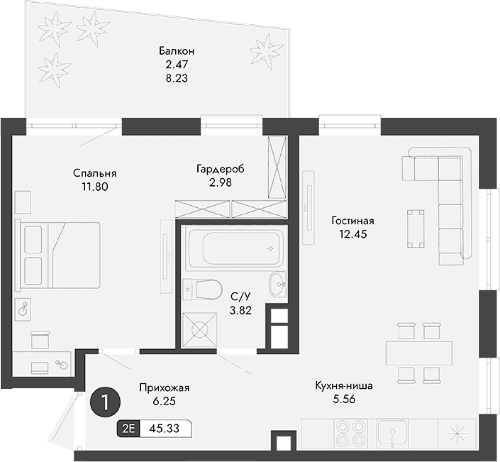 2-комн., 42.86 м²