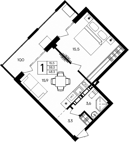 1-комн., 38.3 м²