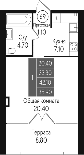 Студия, 33.3 м²