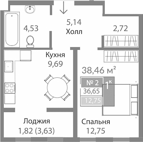 1-комн., 34.83 м²
