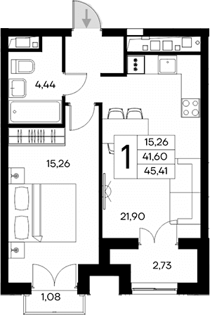 1-комн., 41.6 м²