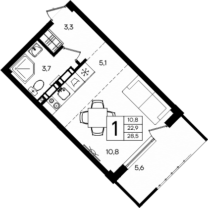 Студия, 22.9 м²