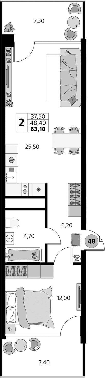 2-комн., 48.4 м²
