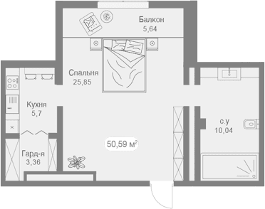 Студия, 44.87 м²