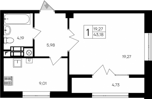1-комн., 38.45 м²