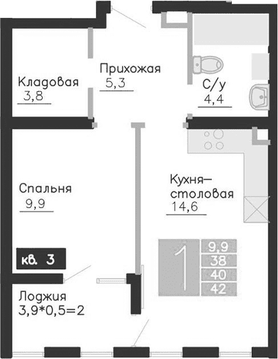 1-комн., 38 м²