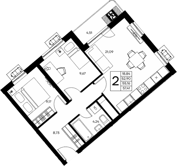 2-комн., 52.9 м²
