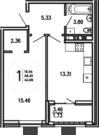 1-комн., 40.35 м²
