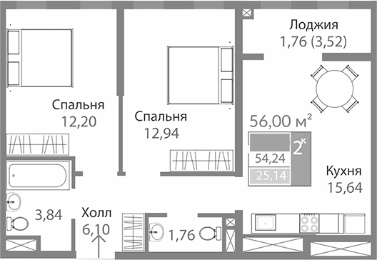 2-комн., 52.48 м²