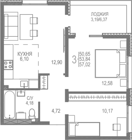 3-комн., 53.83 м²