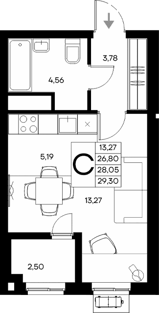 Студия, 26.8 м²