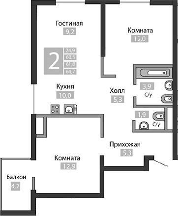 2-комн., 60.5 м²