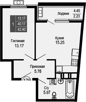 2-комн., 40.17 м²