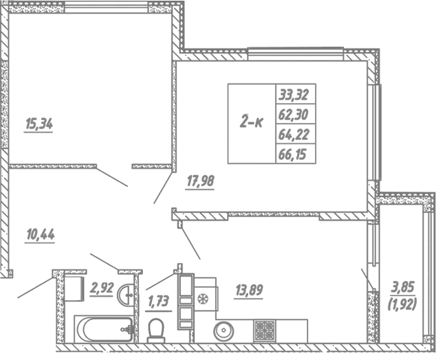 2-комн., 62.3 м²