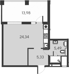 Студия, 35.16 м²