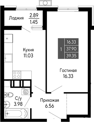 1-комн., 37.9 м²
