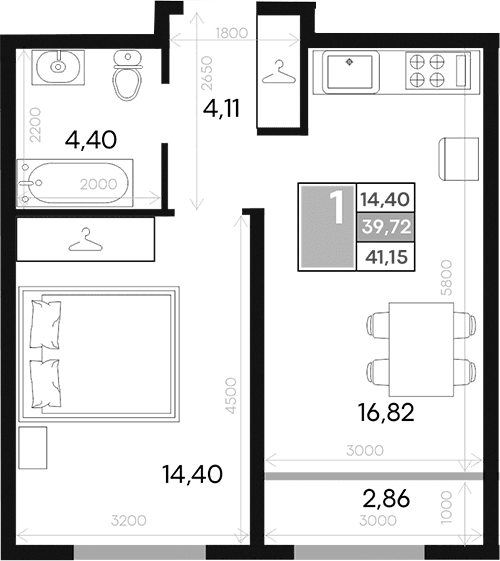 1-комн., 39.72 м²