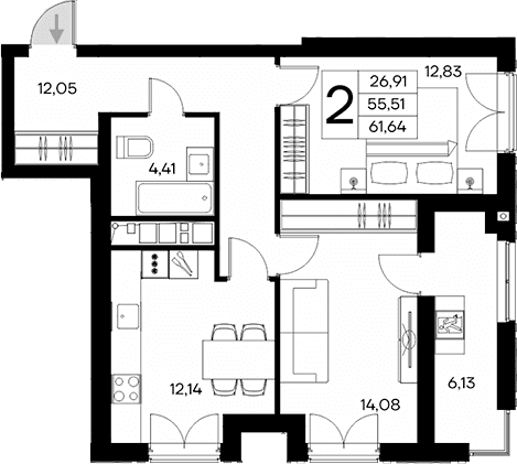 2-комн., 55.51 м²