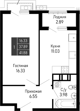 1-комн., 37.89 м²