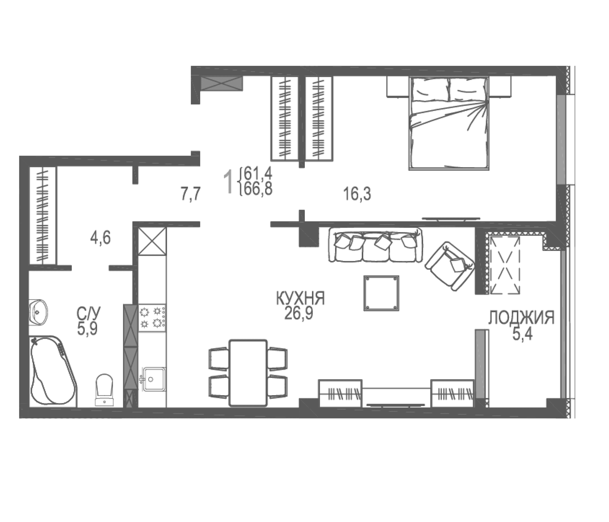 1-комн., 61.4 м²
