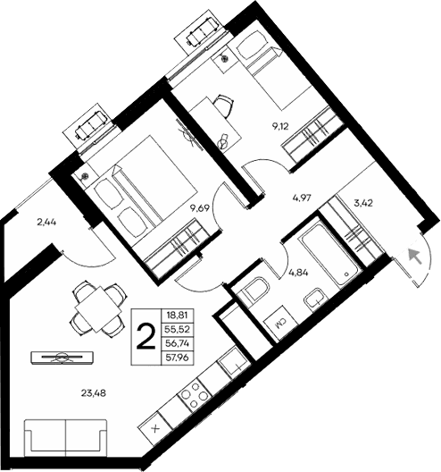 2-комн., 55.52 м²