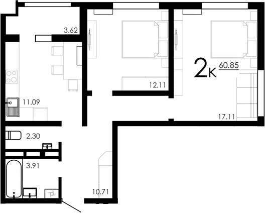 2-комн., 57.23 м²