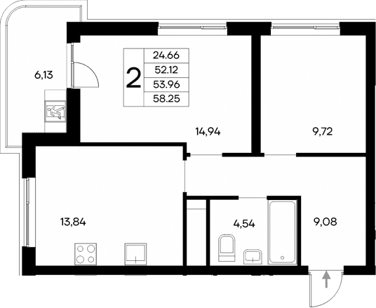 2-комн., 52.12 м²