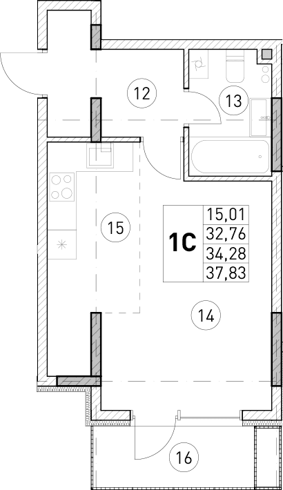 Студия, 32.76 м²