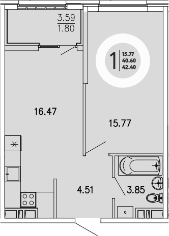 1-комн., 40.6 м²