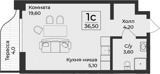 Студия, 34.5 м²