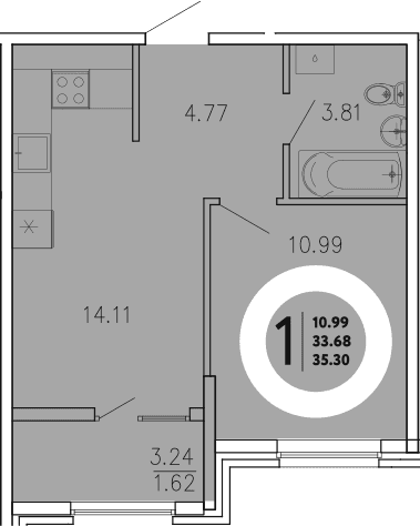 1-комн., 33.68 м²