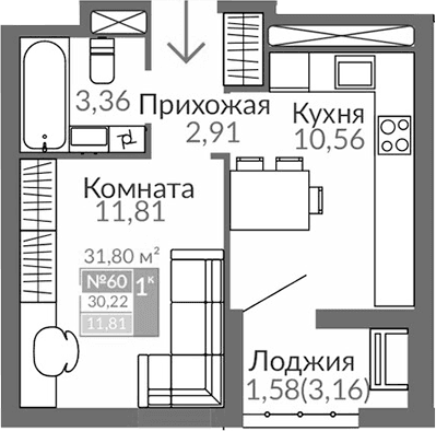 1-комн., 28.64 м²