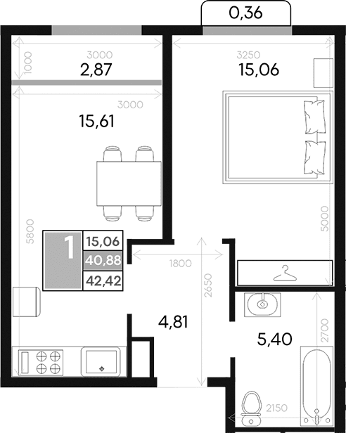 1-комн., 40.87 м²