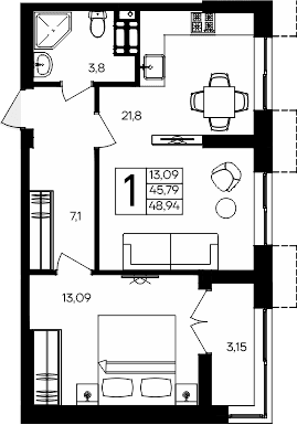 1-комн., 45.79 м²