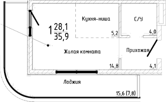 Студия, 28.1 м²