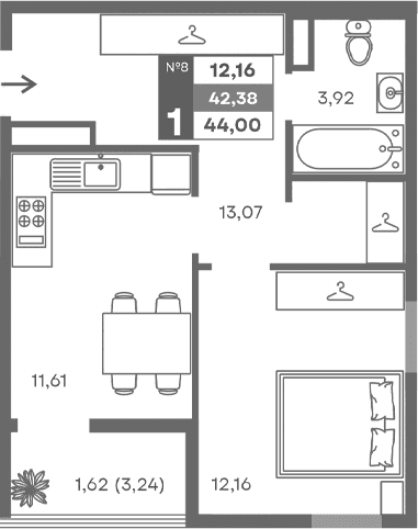 1-комн., 40.76 м²